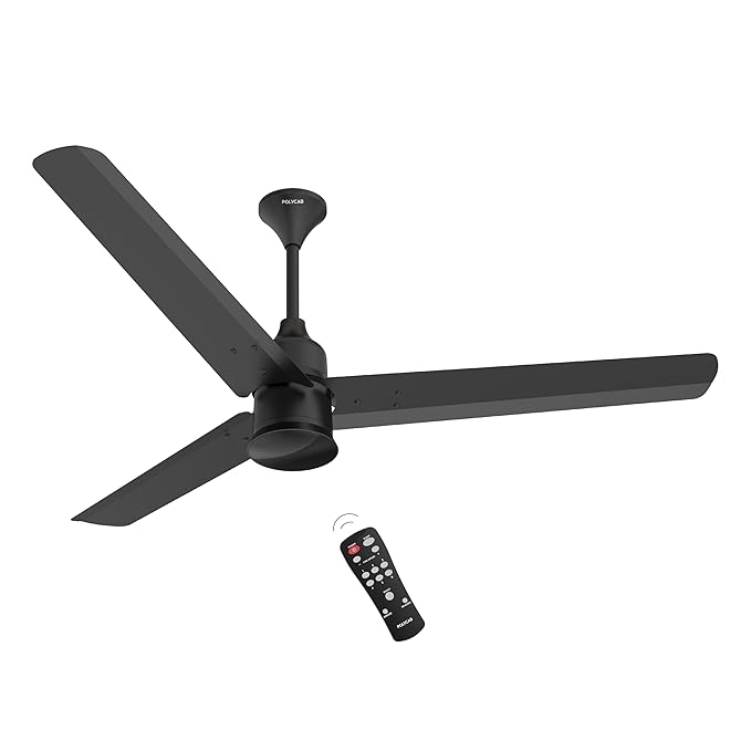 POLYCAB Silencio Mini 1200mm 5-Star BLDC, Remote Ceiling fan for home| 55% Energy Saving, 100% Copper, High Speed, 25 Speed Setting, Reversable & Timer | 4-yr Warranty【matt black】