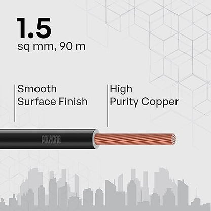 Polycab Optima plus 90m, 1.5sqmm. •Heat Resistant •Eco Friendly • PVC Insulated Copper Cable •Energy Saving •Flame Retardant •99.97% Electrolytic Grade Copper •【Black】