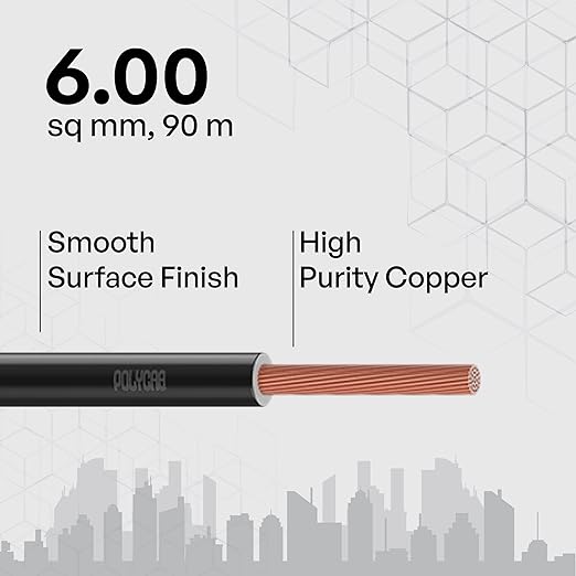 Polycab Optima plus 90m, 6sqmm. •Heat Resistant •Eco Friendly • PVC Insulated Copper Cable •Energy Saving •Flame Retardant •99.97% Electrolytic Grade Copper 【Black】